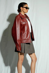 90s Inspired Maroon Boxy Leather Jacket