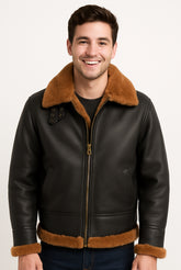 Black Leather Jacket with Tan Shearling Trim