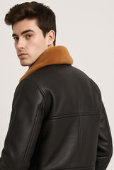 Black Leather Jacket with Tan Shearling Trim