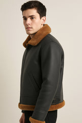 Black Leather Jacket with Tan Shearling Trim