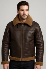 Brown Leather Jacket with Shearling Collar