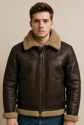 Brown Leather Jacket with Beige Shearling Trim