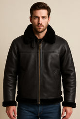 Black Leather Jacket with Shearling Collar