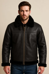 Black Leather Jacket with Shearling Collar
