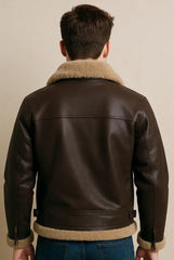 Brown Leather Jacket with Beige Shearling Trim