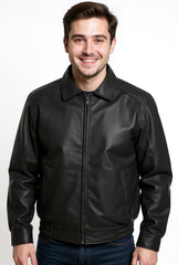 Premium Leather Jacket with Ribbed Hem