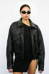 Retro Black Leather Bomber Jacket