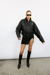 Retro Black Leather Bomber Jacket